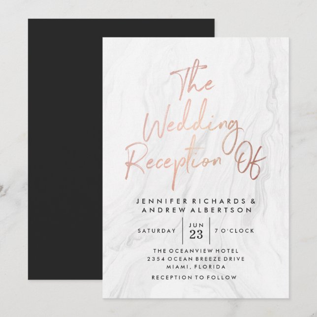 Invitación Guión de oro del Rosa de mármol blanco moderno | B (Anverso / Reverso)