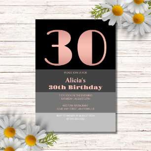 Invitación Guión de oro Rosa Black Gray Stripes 30 cumpleaños