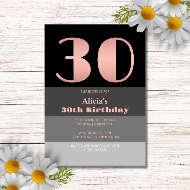 Invitación Guión de oro Rosa Black Gray Stripes 30 cumpleaños (Subido por el creador)