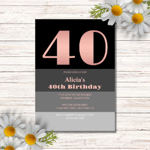 Invitación Guión de oro Rosa Black Gray Stripes 40 cumpleaños