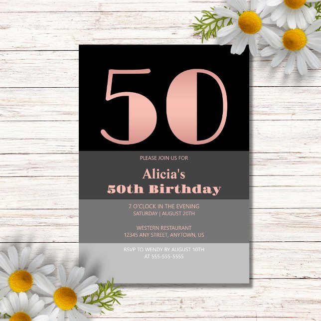 Invitación Guión de oro Rosa Black Gray Stripes 50 cumpleaños (Subido por el creador)