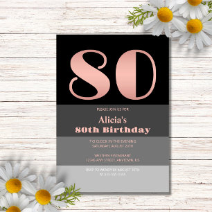 Invitación Guión de oro Rosa Black Gray Stripes 80º cumpleaño