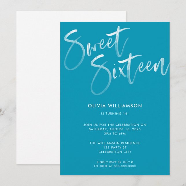 Invitación Guión de pincel azul moderno dulce 16 cumpleaños (Anverso / Reverso)