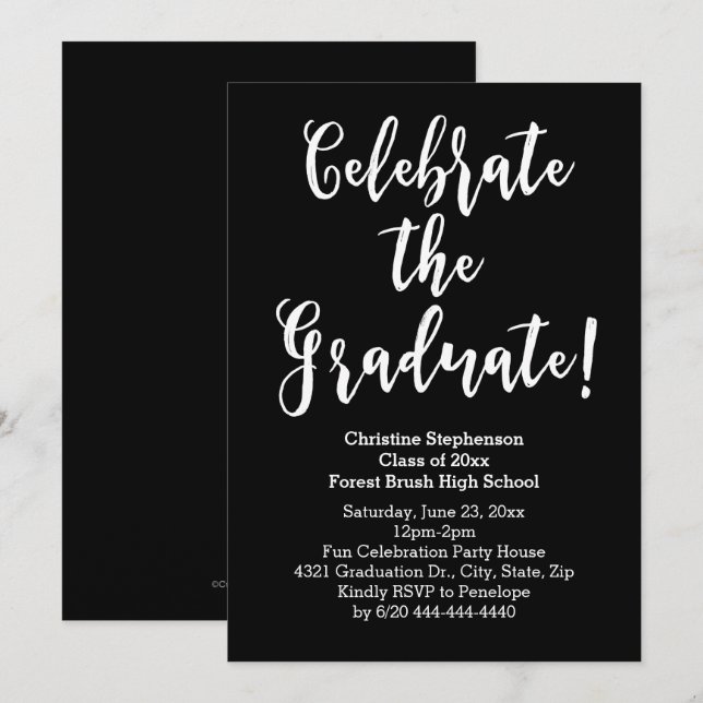 Invitación Guión de pincel blanco celebra el partido de gradu (Anverso / Reverso)