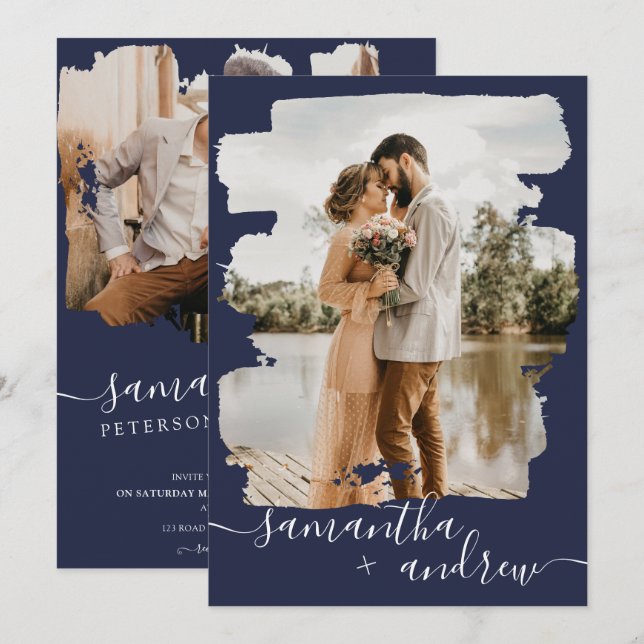 Invitación Guión de pincel de marea negra moderno 2 boda de f (Anverso / Reverso)