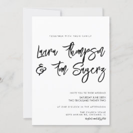 Invitación Guión de pincel minimalista Boda blanco negro