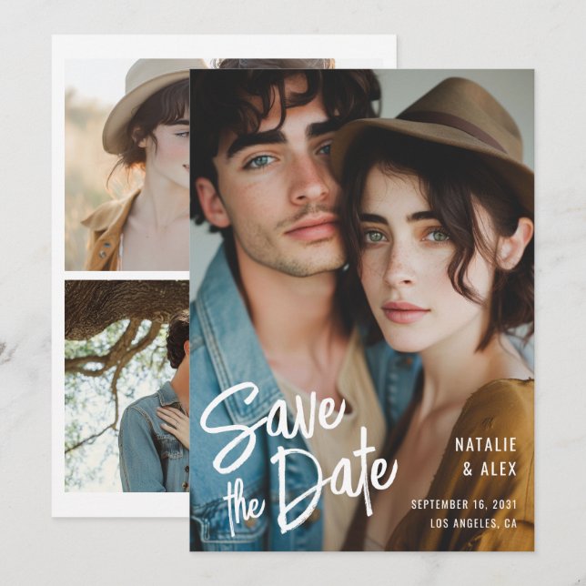 Invitación Guión de pincel moderno 3 Boda fotográfica Guardar (Anverso / Reverso)