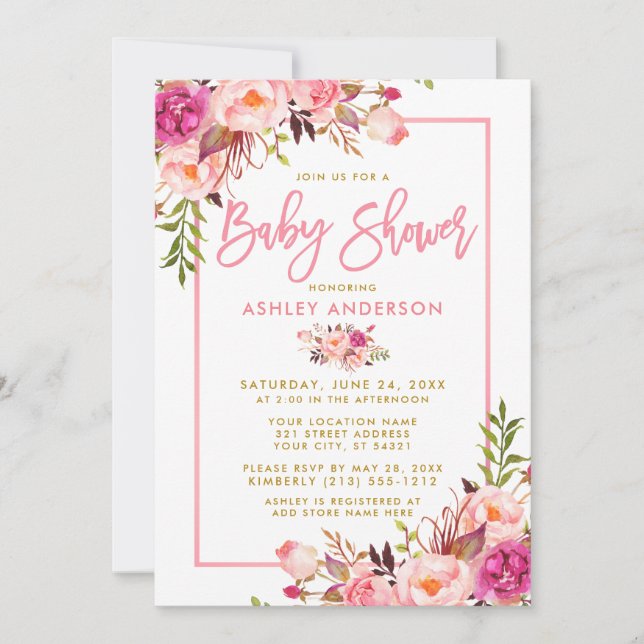 Invitación Guión de pincel rosado moderno Floral Gold Baby Sh (Anverso)
