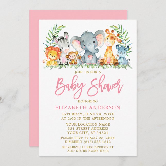 Invitación Guión de pincel Safari Animales Baby Shower de oro (Anverso / Reverso)