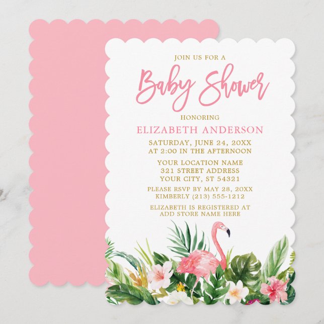 Invitación Guión de pincel Tropical Floral Baby Shower Gold (Anverso / Reverso)