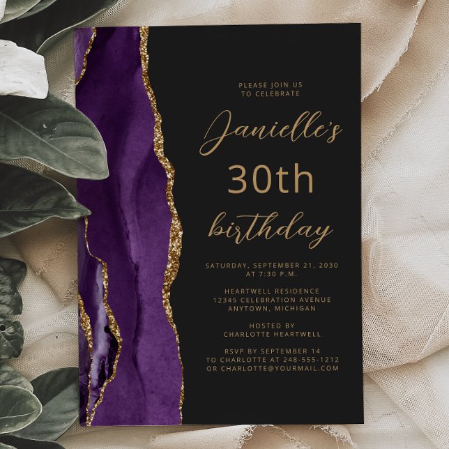 Invitación Guión de pizarra de oro morado 30 cumpleaños (Subido por el creador)