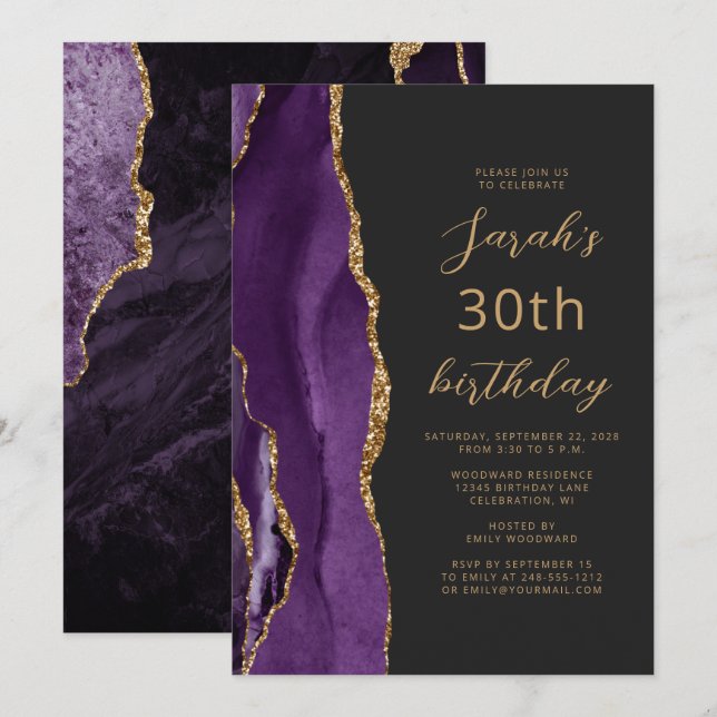 Invitación Guión de pizarra de oro morado 30 cumpleaños (Anverso / Reverso)