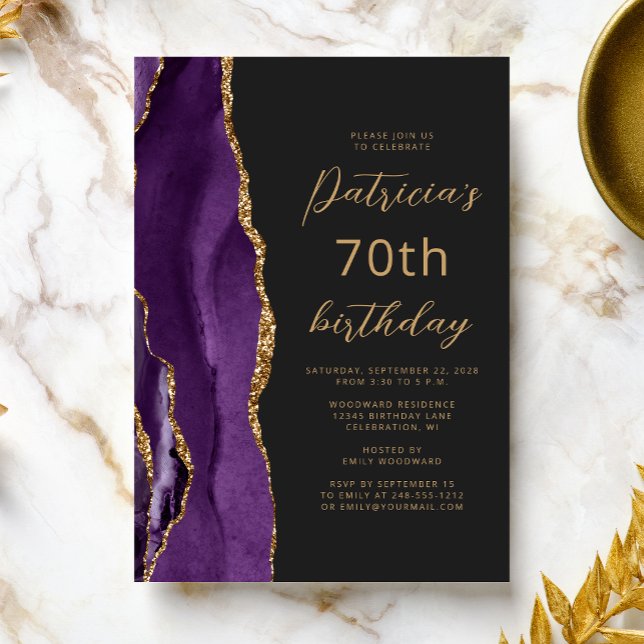 Invitación Guión de pizarra de oro morado 70 cumpleaños (Subido por el creador)