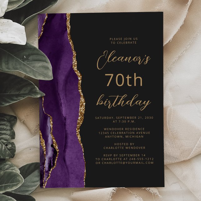Invitación Guión de pizarra de oro morado 70 cumpleaños (Subido por el creador)