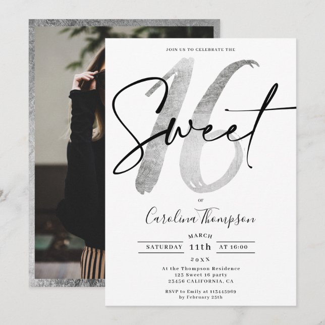 Invitación Guión de plata gitana foto Sweet 16 (Anverso / Reverso)