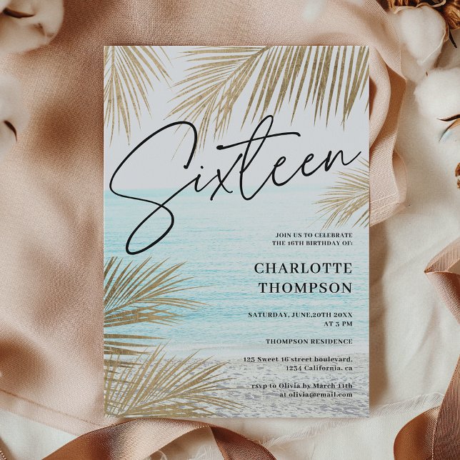 Invitación Guión de playa de la palmera dorada tropical Sweet (Tropical gold palm tree beach script Sweet 16 Invitation)
