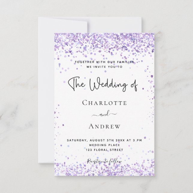 Invitación guión de polvo del purpurina de lavanda violeta bo (Anverso)
