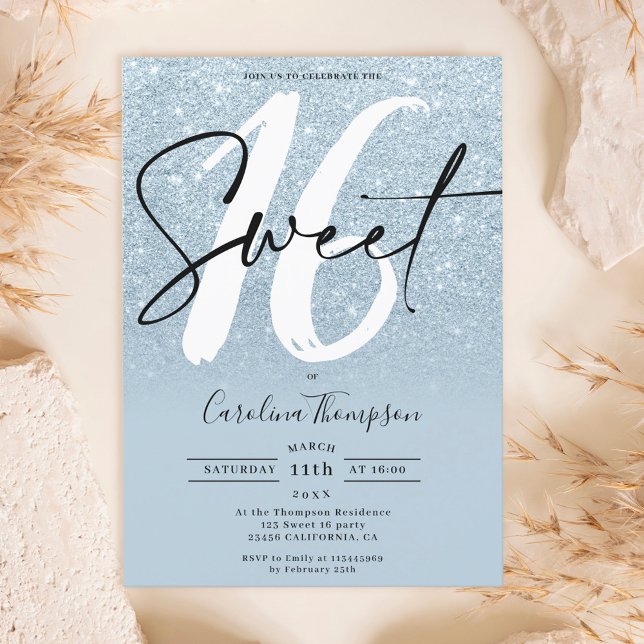 Invitación Guión de purpurina azul foto Sweet 16 (Subido por el creador)