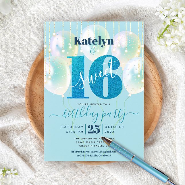 Invitación Guión de Purpurina de globo de cumpleaños Turquois (Subido por el creador)