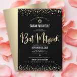 Invitación Guión de Relieve metalizado de Bat Mitzvah Black G<br><div class="desc">¡Estén orgullosos, regocijaos y exhiban este hito de su Bat Mitzvah favorito! Envíe esta impresionante, moderna, sofisticada y personalizada invitación para un evento que recordar. El guión gráfico de la caligrafía del Relieve metalizado de oro falso, Star of David, y el confeti, superponen un rico, dramático y negro fondo. Una...</div>
