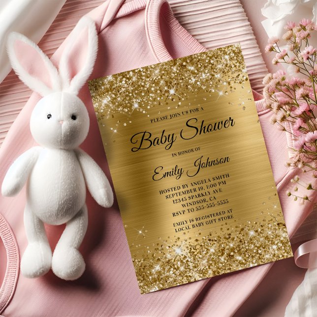 Invitación Guión de Relieve metalizado Purpurinoso de Baby Sh (Baby Shower Gold Glittery Foil Fancy Script Invitation)