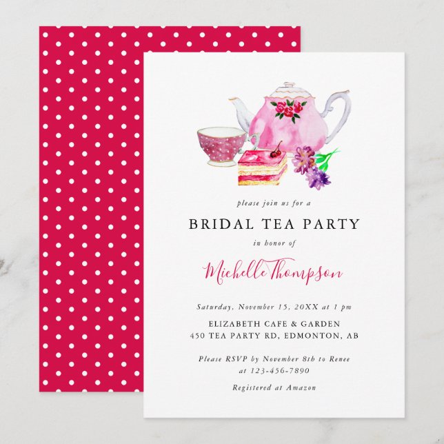 Invitación Guión de tetera rosada en Fiesta de ducha de novia (Anverso / Reverso)