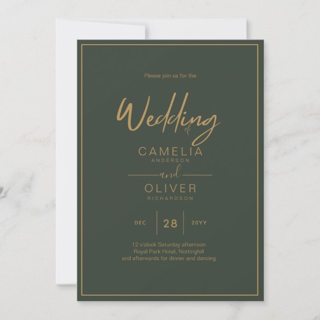 Invitación Guión de texto Olive Green Gold Elegante Invita mo (Anverso)