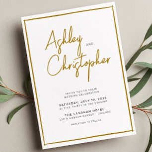Invitación Guión de tipografía minimalista Boda dorado y blan