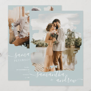 Invitación Guión de trazo de pinza verde marino 2 fotos boda