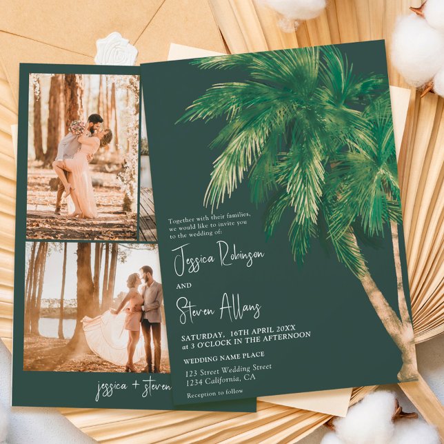 Invitación Guión de vegetación tropical palmera 3 boda fotogr (Subido por el creador)