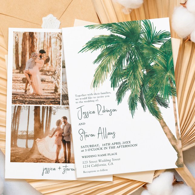 Invitación Guión de vegetación tropical palmera 3 boda fotogr (Subido por el creador)