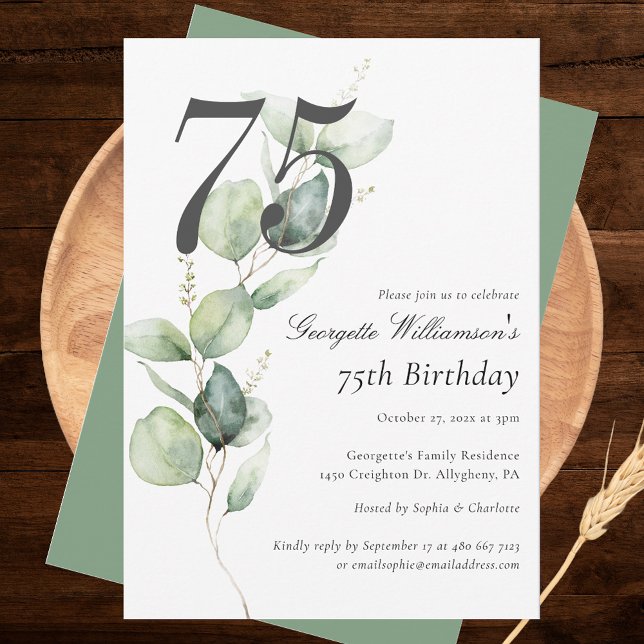 Invitación Guion de Verde de Eucalipto Cumpleaños 75 (Watercolor Eucalyptus Minimalist 75th Birthday Party Invitation)