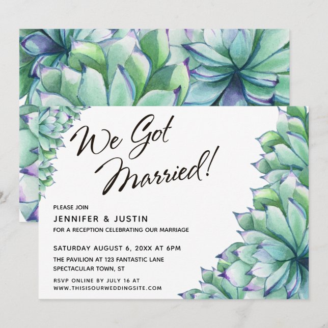 Invitación Guión de We Got Married con Suculentas de Acuarela (Anverso / Reverso)