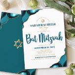 Invitación Guión del Agate Turquesa Moderno Simple Bat Mitzva<br><div class="desc">¡Estén orgullosos, regocijaos y exhiban este hito de su Bat Mitzvah favorito! Envíe esta invitación fresca, única, moderna, personalizada, con nombres hebreos para un evento que recordar. La tipografía de escritura azul verde azulada oscura y el falso oro Estrella de David superponen un fondo blanco simple y limpio con agate...</div>