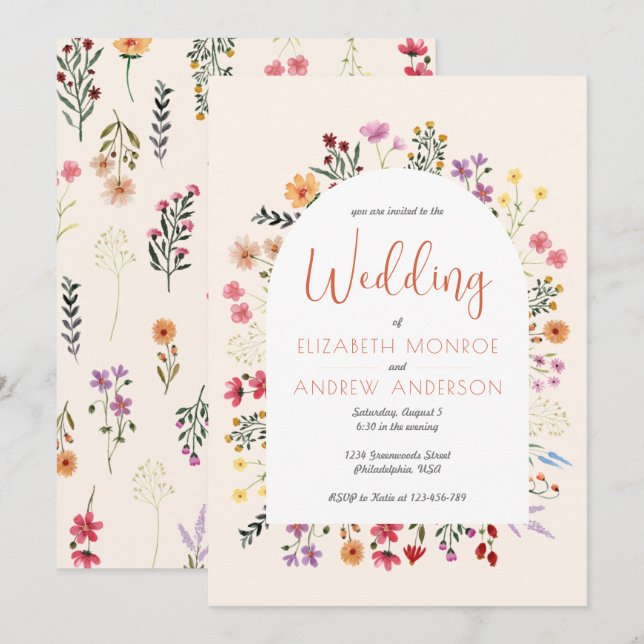 Invitación Guión del Boda del arco de flores silvestres de co (Anverso / Reverso)