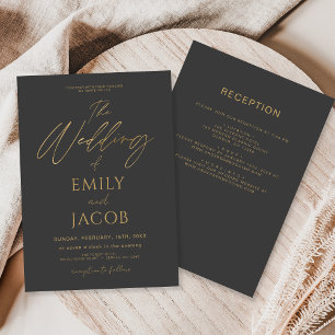 Invitación Guión del Boda Gray Gold de carbón en blanco