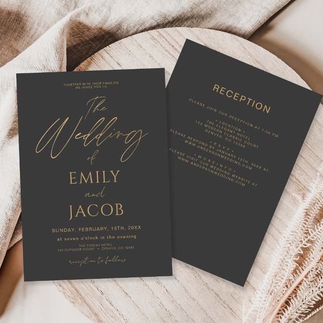 Invitación Guión del Boda Gray Gold de carbón en blanco (Subido por el creador)