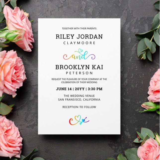 Invitación Guión del corazón arcoiris Boda LGBT lindo (Subido por el creador)