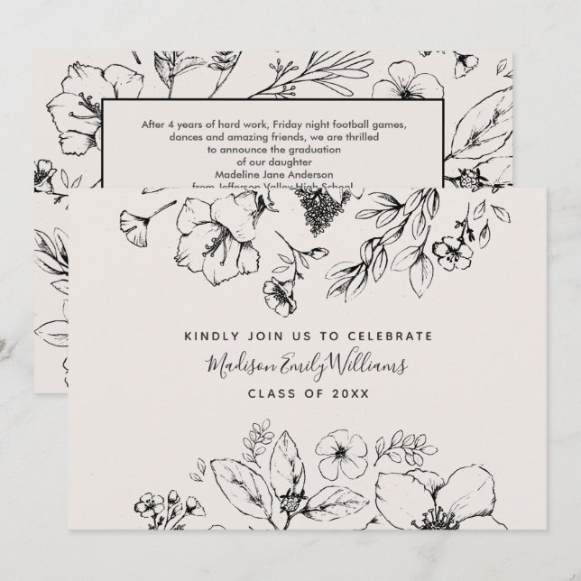 Invitación Guión del partido de graduación Rubor Floral Botán (Anverso / Reverso)