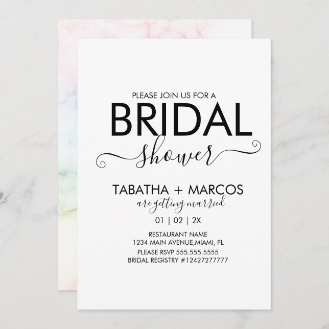 Invitación Guión del patrón de mármol arcoiris Ducha BRIDAL (Anverso / Reverso)