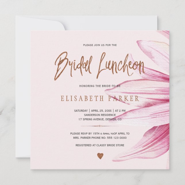 Invitación Guión del purpurina del cobre ruboroso floral almu (Anverso)