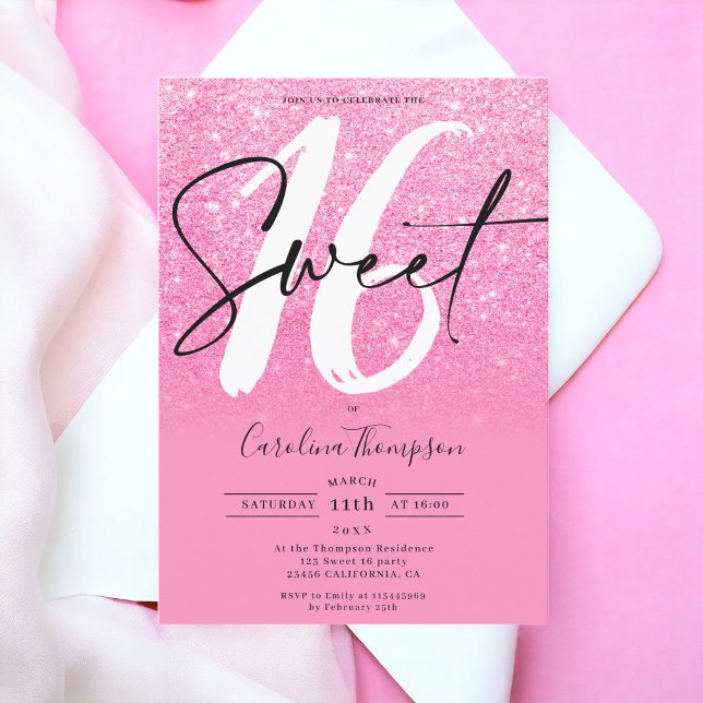 Invitación Guión del purpurina gitano rosado foto Sweet 16 (Girly pink glitter border script photo Sweet 16 Invitation)