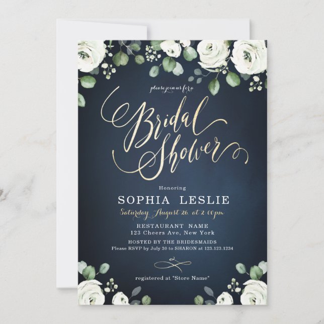 Invitación Guión dorado azul marino floral blanca azul azul B (Anverso)
