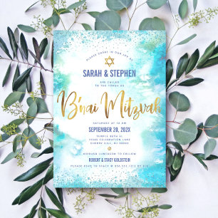 Invitación Guión dorado B'nai Mitzvah Turquesa acuarela