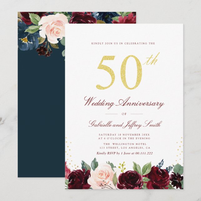 Invitación guión dorado borgoña marina 50 aniversario boda (Anverso / Reverso)