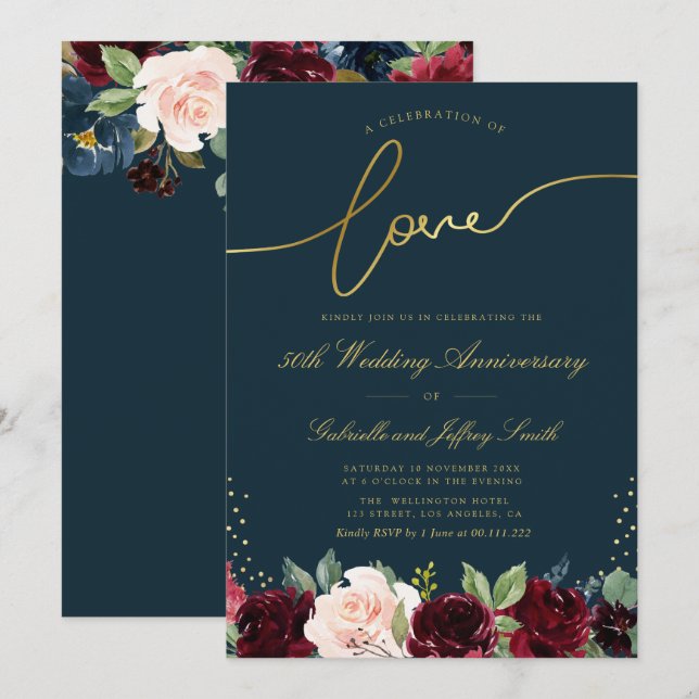 Invitación guión dorado borgoña marina 50 aniversario boda (Anverso / Reverso)