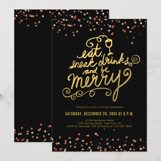 Invitación Guión dorado Comer bebida Merry Confetti Fiesta de (Anverso / Reverso)