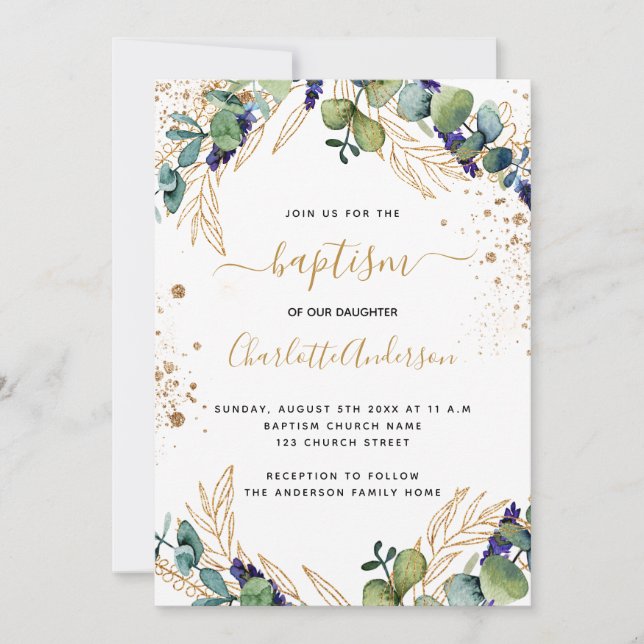 Invitación Guión dorado de berenjenas eucaliptos (Anverso)
