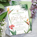 Invitación Guión dorado de color floral tropical de Bat Mitzv<br><div class="desc">Estar orgulloso, regocijarse y mostrar este hito de su Bat Mitzvah favorito con esta sofisticada y personalizada invitación! Elegantes, impresionantes, coloridas, aves acuáticas tropicales de flores del paraíso, escritura falsa de oro manuscrita, puntos Star of David y purpurina, junto con sans serif modernos verdes y grises, superponen un fondo blanco....</div>