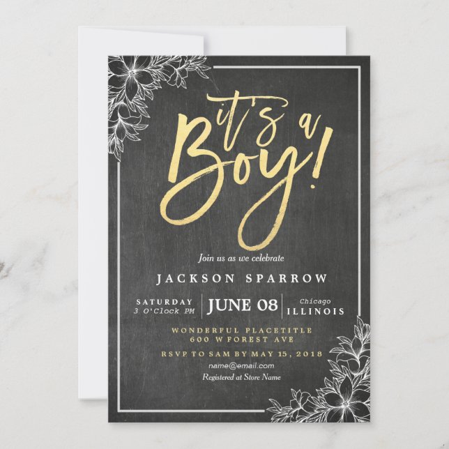 Invitación Guión dorado de floral blanca de Chalkboard Baby S (Anverso)